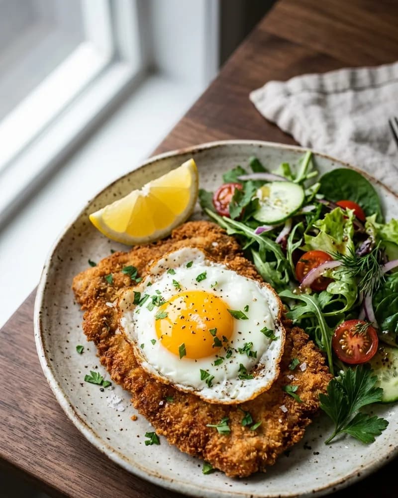 Milanesa crocante con huevo frito y ensalada