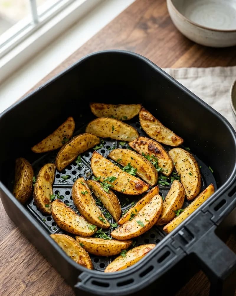 Papas rústicas doradas en canasta de air fryer